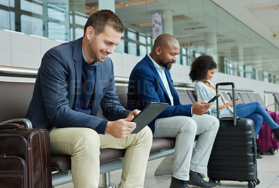 Buy stock photo Airport, lobby and people on technology for online booking, flight information and travel schedule. Digital app, news and business man on tablet for immigration, international or global opportunity