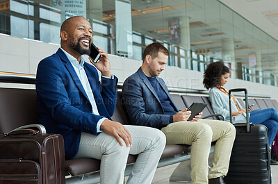 Buy stock photo Black man, phone call at airport with travel for work and smile, communication and business trip. Waiting on flight, journey and travelling for job, businessman has conversation with connectivity