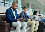 Lobby, airport and people on technology for online flight booking, information or travel schedule. Digital app, news and business black man on tablet for immigration, international or job opportunity