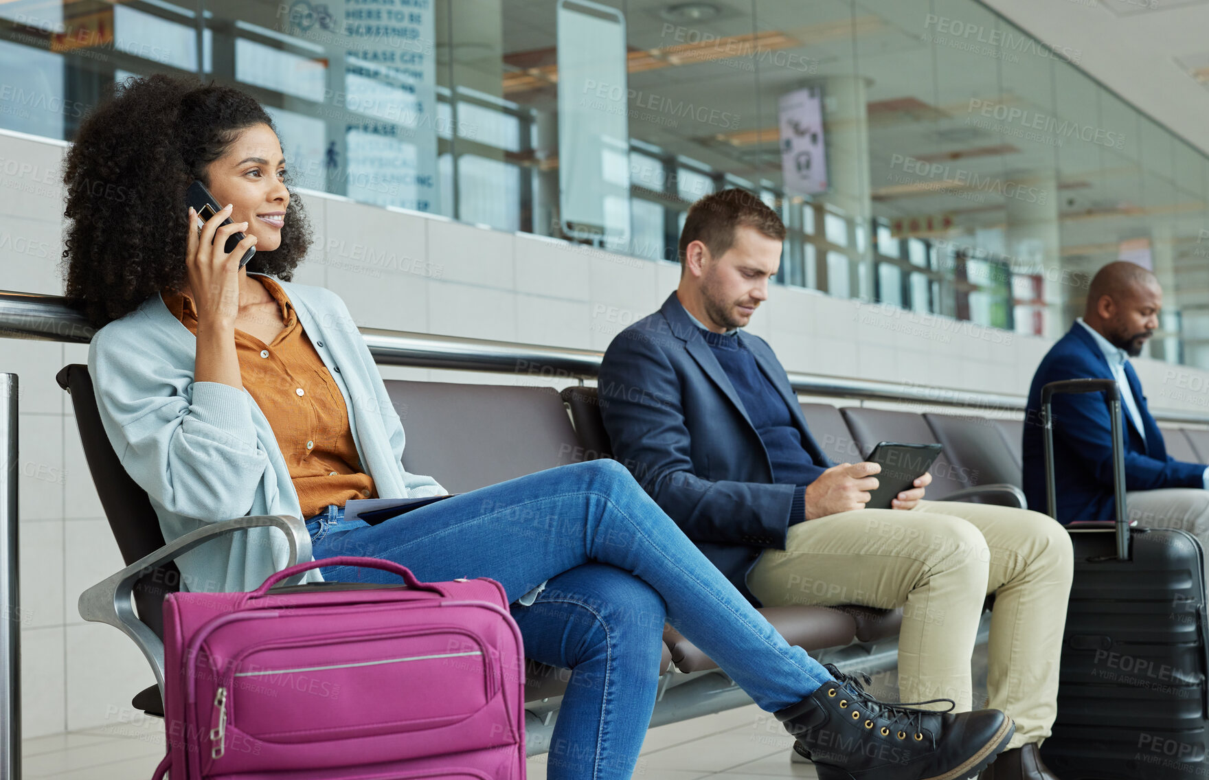 Buy stock photo Black woman, phone call and airport in waiting room for conversation, communication or flight delay. African American female talking on smartphone in wait for travel, airplane or departure discussion