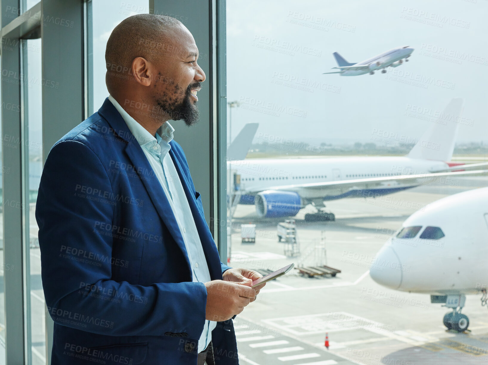 Buy stock photo Black man at airport, smartphone and travel with communication, airplane and smile for business trip. Looking out the window, waiting for flight with transportation, journey and airline with mobile