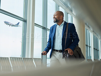 Buy stock photo Black man, business and travel at airport on airplane for professional trip, journey or flight. Happy manager walking with suitcase, luggage and bag for boarding, check in or smile at terminal window
