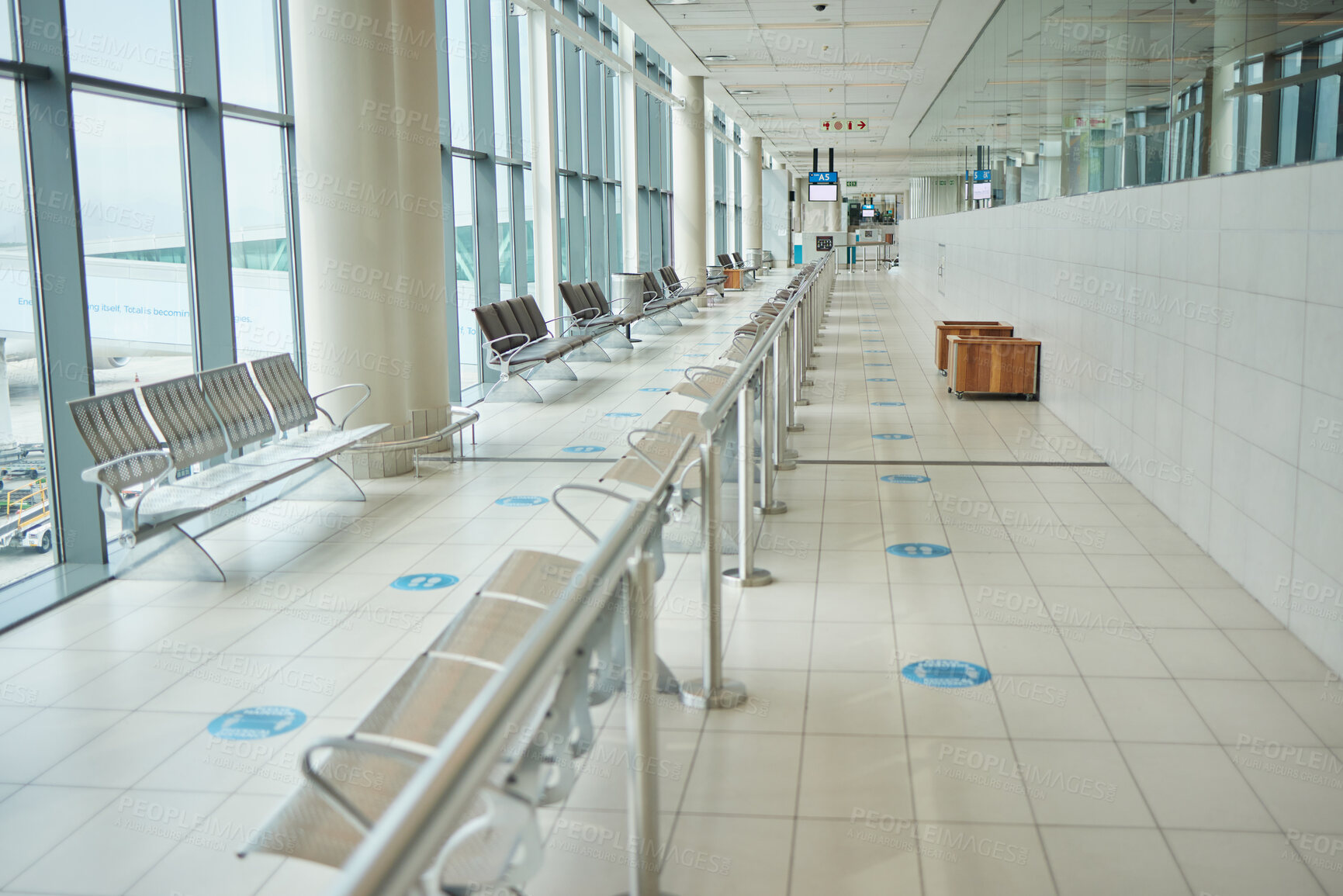 Buy stock photo Background of empty airport, lounge hallway and chair furniture in waiting room of departure gate for global journey. Airplane lobby, seat or space of commercial flight, building interior or terminal