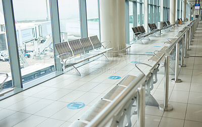 Buy stock photo Airport, lounge chairs and terminal waiting room for global travel, covid regulations or immigration journey. Empty airplane lobby, seat or space of commercial flight, building interior or background