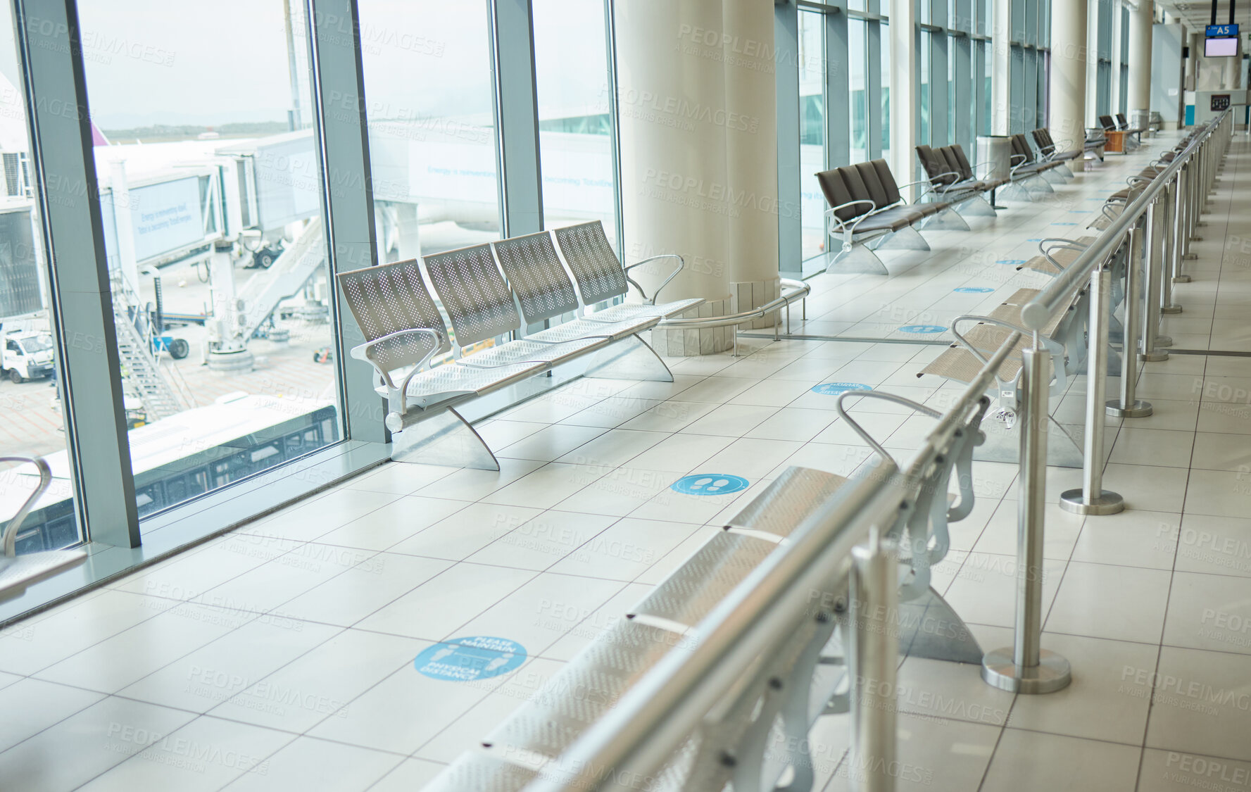 Buy stock photo Airport, lounge chairs and terminal waiting room for global travel, covid regulations or immigration journey. Empty airplane lobby, seat or space of commercial flight, building interior or background