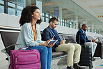 Travel, excited and black woman in airport, ticket and luggage with smile, boarding and international. African American female traveler, lady and girl with suitcase, departure and passport with phone
