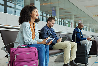 Buy stock photo Travel, excited and black woman in airport, ticket and luggage with smile, boarding and international. African American female traveler, lady and girl with suitcase, departure and passport with phone