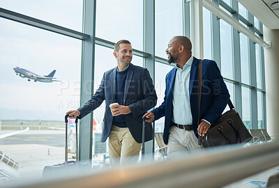 Buy stock photo Travel for business, team at airport and men, catch flight for work trip with conference or training seminar with accountant. Walk, talk and diversity with finance convention and partnership