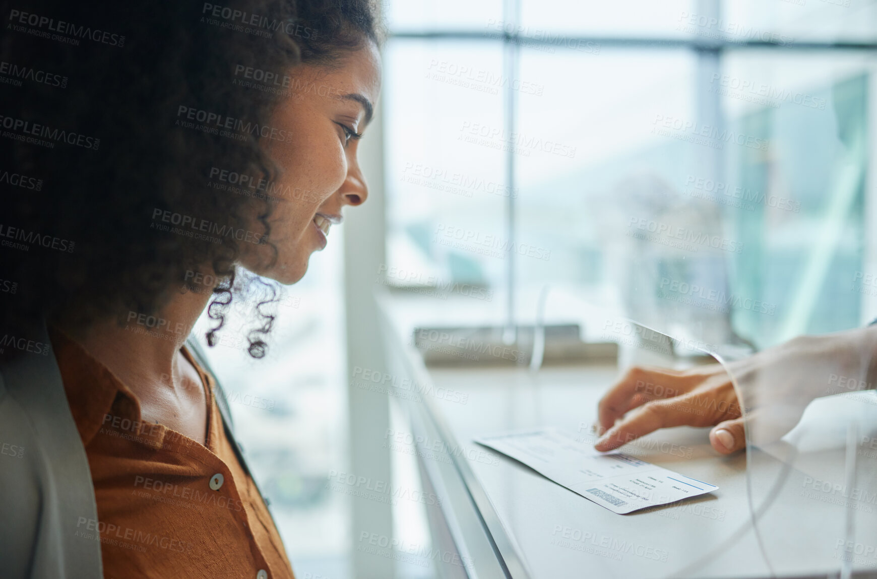 Buy stock photo Ticket, glass window and black woman at airport or theatre with paper for travel or box office service. Customer person at cashier consultant booth counter for work booking and buying pass at seller