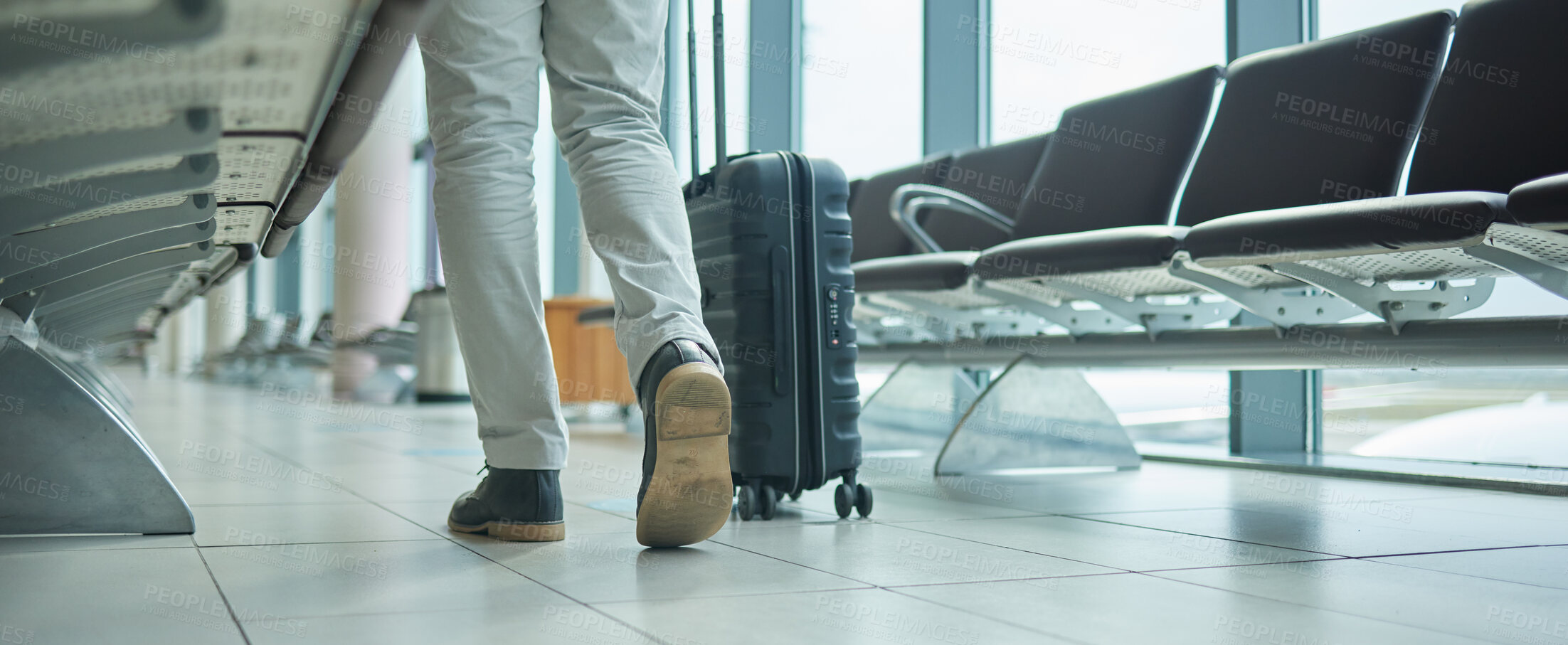 Buy stock photo Airport, suitcase and person legs walking to flight for international opportunity or global journey in lobby. Luggage of entrepreneur or business man feet with vacation, travel agency or hospitality