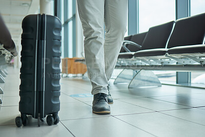 Buy stock photo Travel, suitcase and person legs walking to flight, international opportunity and global journey in lobby. Luggage, entrepreneur or business man at airport for vacation, travel agency or hospitality