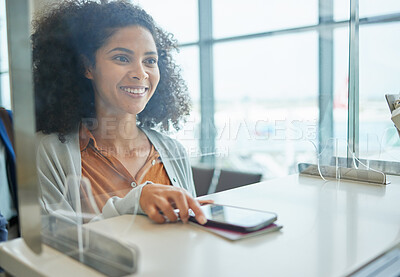 Buy stock photo Airport counter, black woman and phone at ticket desk with happiness from travel and vacation. Air traveling customs, young person and airplane transportation check in ready for international flight