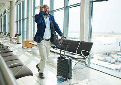 Buy stock photo Airport, late and running black man for business flight, plane journey and travel terminal. Businessman, hurry and rush to board airplane with anxiety, stress and fast walking with suitcase luggage