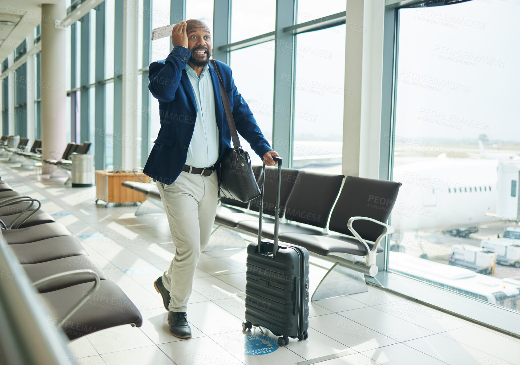 Buy stock photo Airport, late and running black man for business flight, plane journey and travel terminal. Businessman, hurry and rush to board airplane with anxiety, stress and fast walking with suitcase luggage