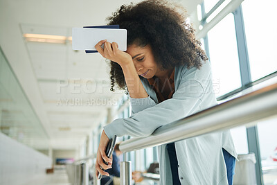 Buy stock photo Travel, stress and black woman at airport with headache, issue and flight delay, frustrated and angry. Travelling, compliance and female with anxiety, trouble and missed departure alone at a terminal