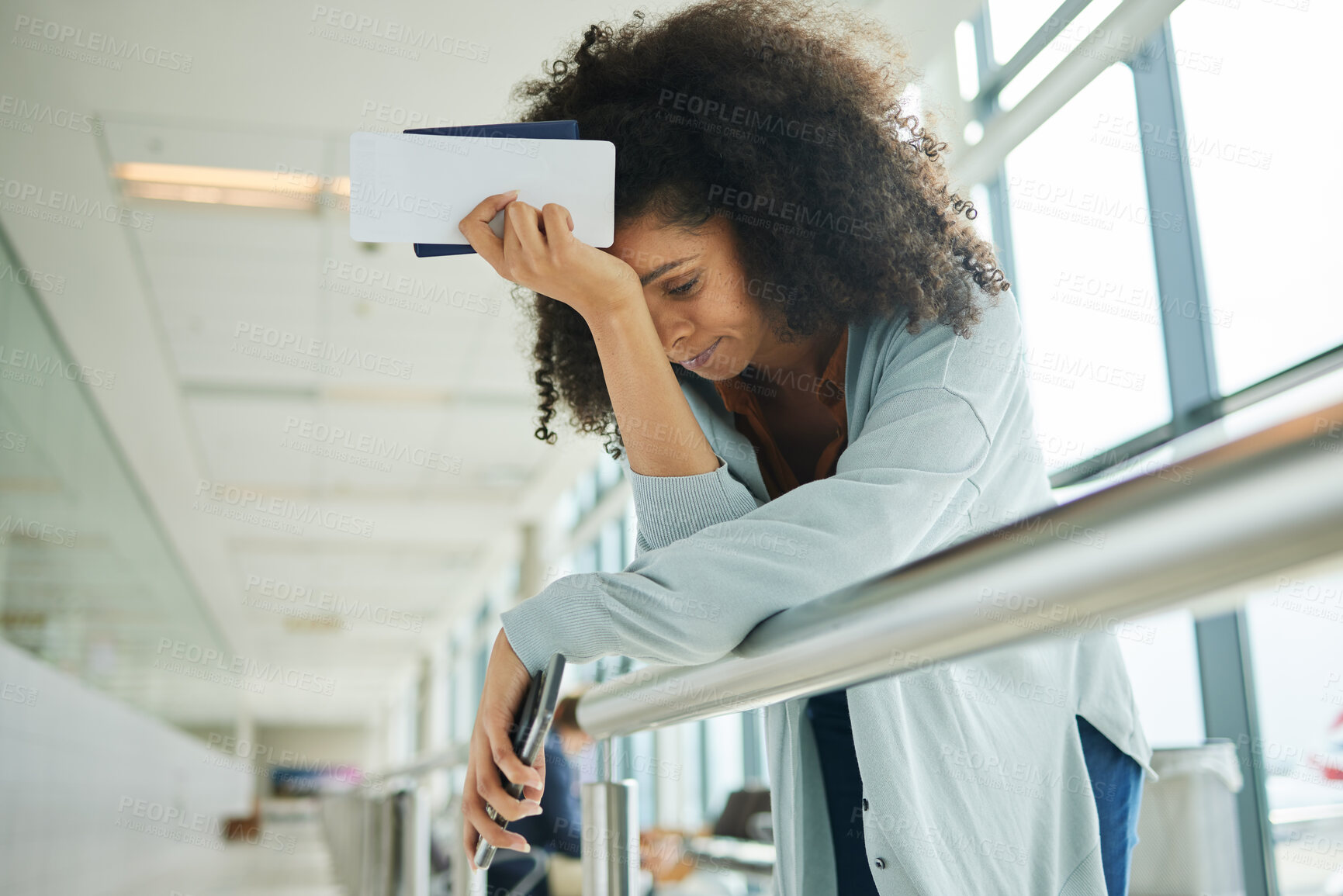 Buy stock photo Travel, stress and black woman at airport with headache, issue and flight delay, frustrated and angry. Travelling, compliance and female with anxiety, trouble and missed departure alone at a terminal