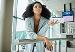Black woman, ticket and confused at airport waiting for travel, departure or business trip. African American female traveler holding document, boarding pass or phone in missed airline or flight delay