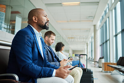 Buy stock photo Black man, phone and airport in waiting room by window for travel, departure or business trip journey. African American male in wait or flight delay at station for traveling, immigration or airplane