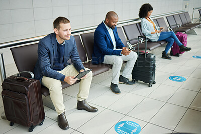 Buy stock photo Traveling, tablet and man in airport, passport and luggage with tourist waiting, boarding or international. Male leader traveler or gentleman with suitcase, departure and ticket for travel and online