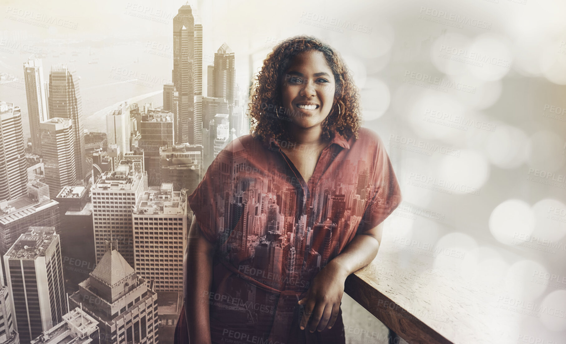 Buy stock photo Black woman, portrait smile and city with vision for career ambition, goals or success in double exposure. Female architect employee smiling for planning, idea or architecture buildings on overlay