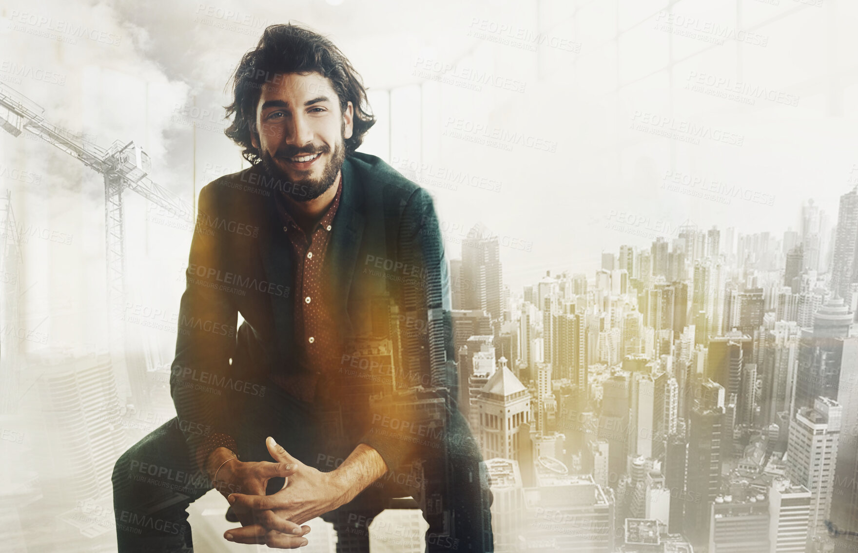 Buy stock photo City double exposure, business man portrait and architect with a smile from success and work innovation. Architecture, ceo and businessman with buildings overlay with leadership idea and thinking