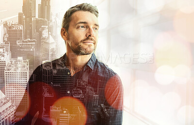 Buy stock photo Businessman, thinking and city in double exposure with vision for career ambition, goals or success. Male employee wondering in thought by window for planning, idea or architecture on mockup overlay