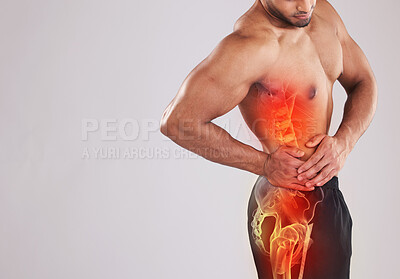 Buy stock photo Mockup, health and man with pain, side and fitness with muscle tension, inflammation and broken bone on grey studio background. Male, guy and athlete with injury, accident and emergency on backdrop