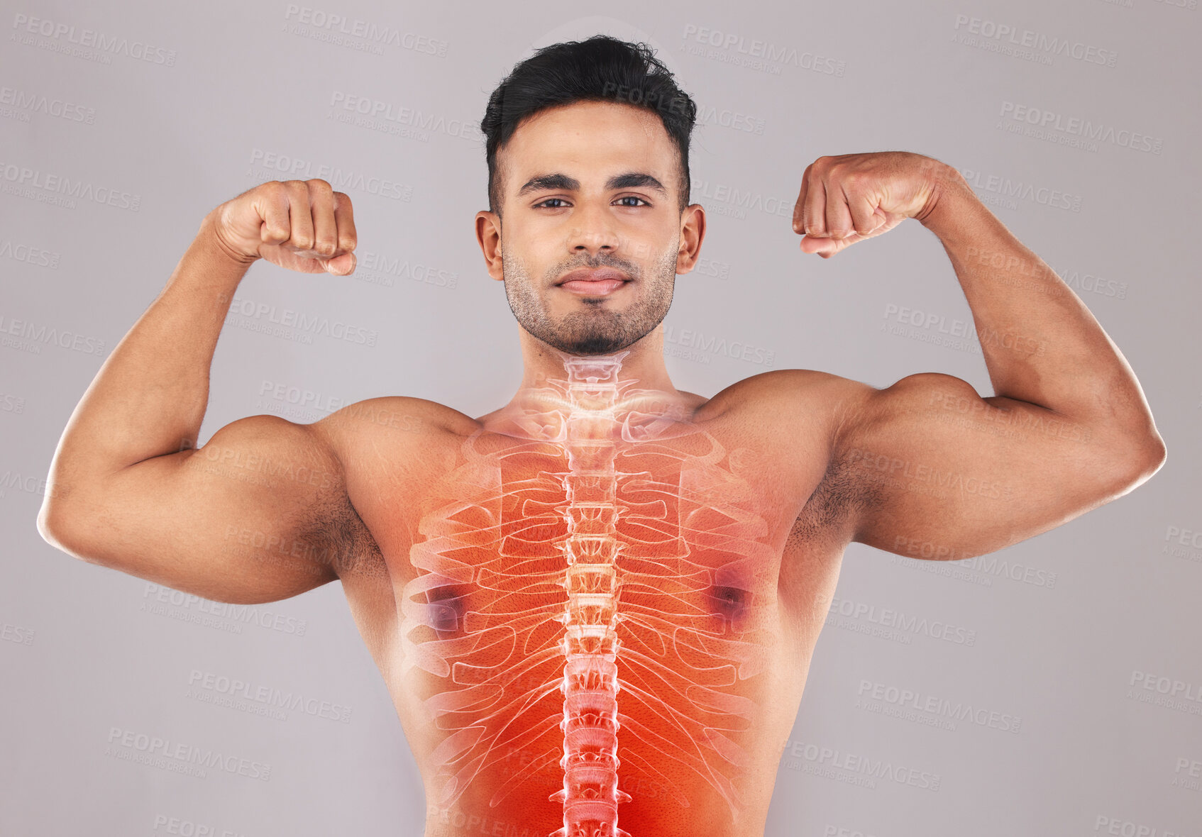 Buy stock photo X ray, strong and portrait of a man with muscle isolated on a grey studio background. Spine, anatomy and person showing results from strength workout, training and fitness with power on a backdrop