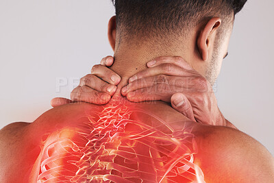 Buy stock photo Man with a spinal injury, pain or accident with backache holding his neck in the studio. Scoliosis, sprain muscle and male with a spine or body medical emergency problem by a gray background.