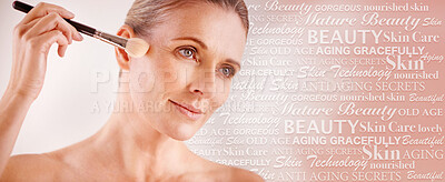 Buy stock photo Senior woman, text overlay and beauty with makeup brush, wellness and anti aging self care with mockup. Elderly model, skincare collage and healthy with cosmetics, dermatology and studio background