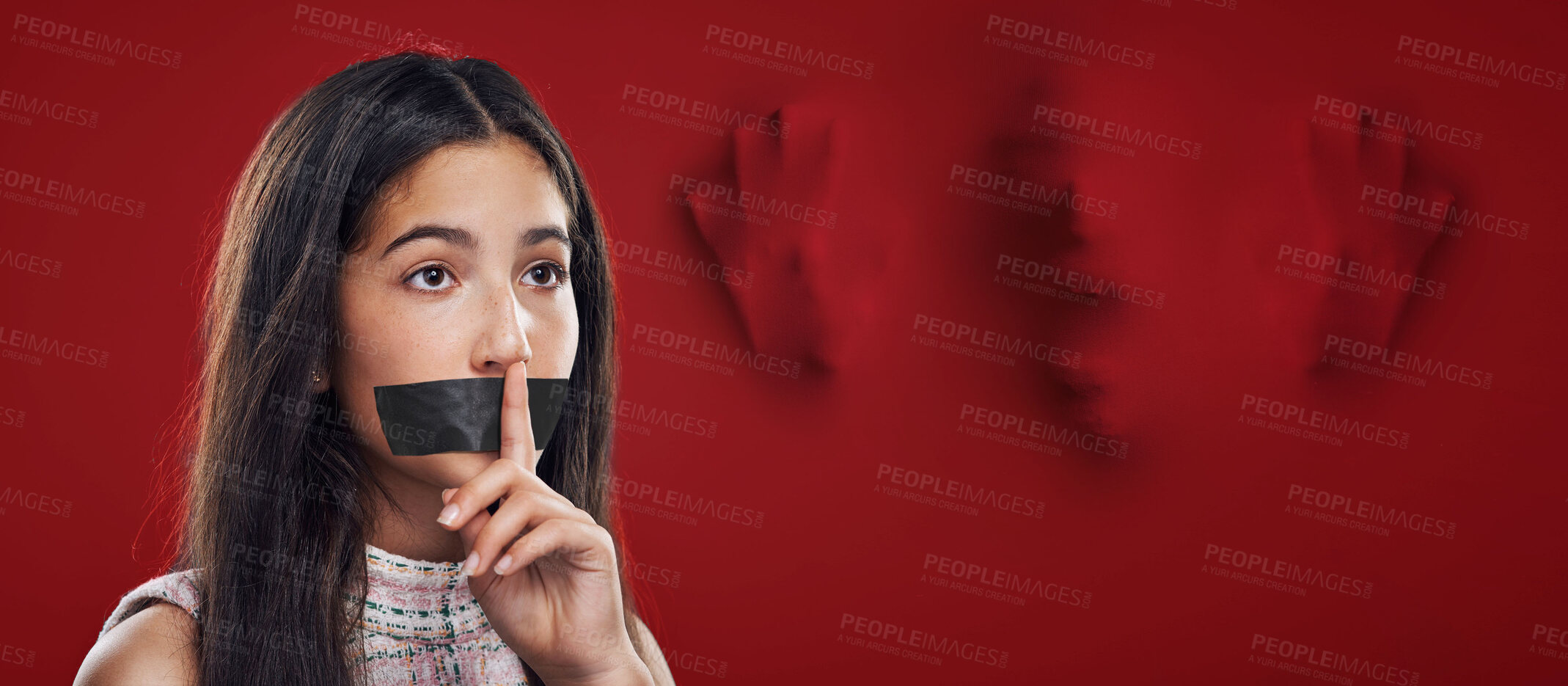 Buy stock photo Woman silence, face tape and victim of domestic violence, sexual assault trauma or abuse crime from human trafficking. Red secret mockup, censored speech and young girl scared, fear or quiet gesture