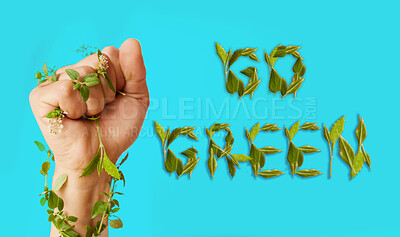 Buy stock photo Sustainability, plant and environment with fist of person for go green, recycling and agriculture. Eco friendly, conservation and stop pollution with hand and leaves for earth, global or clean energy