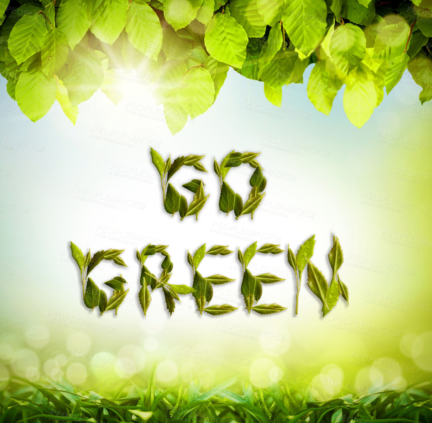 Buy stock photo Lens flare, go green and leaves for sustainability, eco friendly and gradient background. Plants, plants and poster for earth day, environment and awareness for conservation, nature and natural care