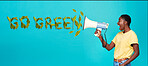 Go green, protest and black man with megaphone, sustainability and against blue studio background. African American male, protester and activist with bullhorn, earth protection and global warming