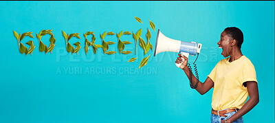 Buy stock photo Go green, protest and black man with megaphone, sustainability and against blue studio background. African American male, protester and activist with bullhorn, earth protection and global warming
