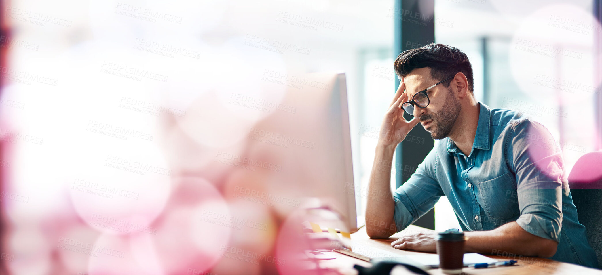 Buy stock photo Stress, headache and businessman on computer with banner, bokeh and mockup. Tired worker, burnout and pain on desktop pc with anxiety, fatigue and problem of mistake, mental health and mock up space