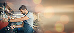 Coffee shop, barista man and mock up with space, overlay and bokeh for drink, espresso machine and work. Small business owner, restaurant and cafe with focus, vision and service with hospitality