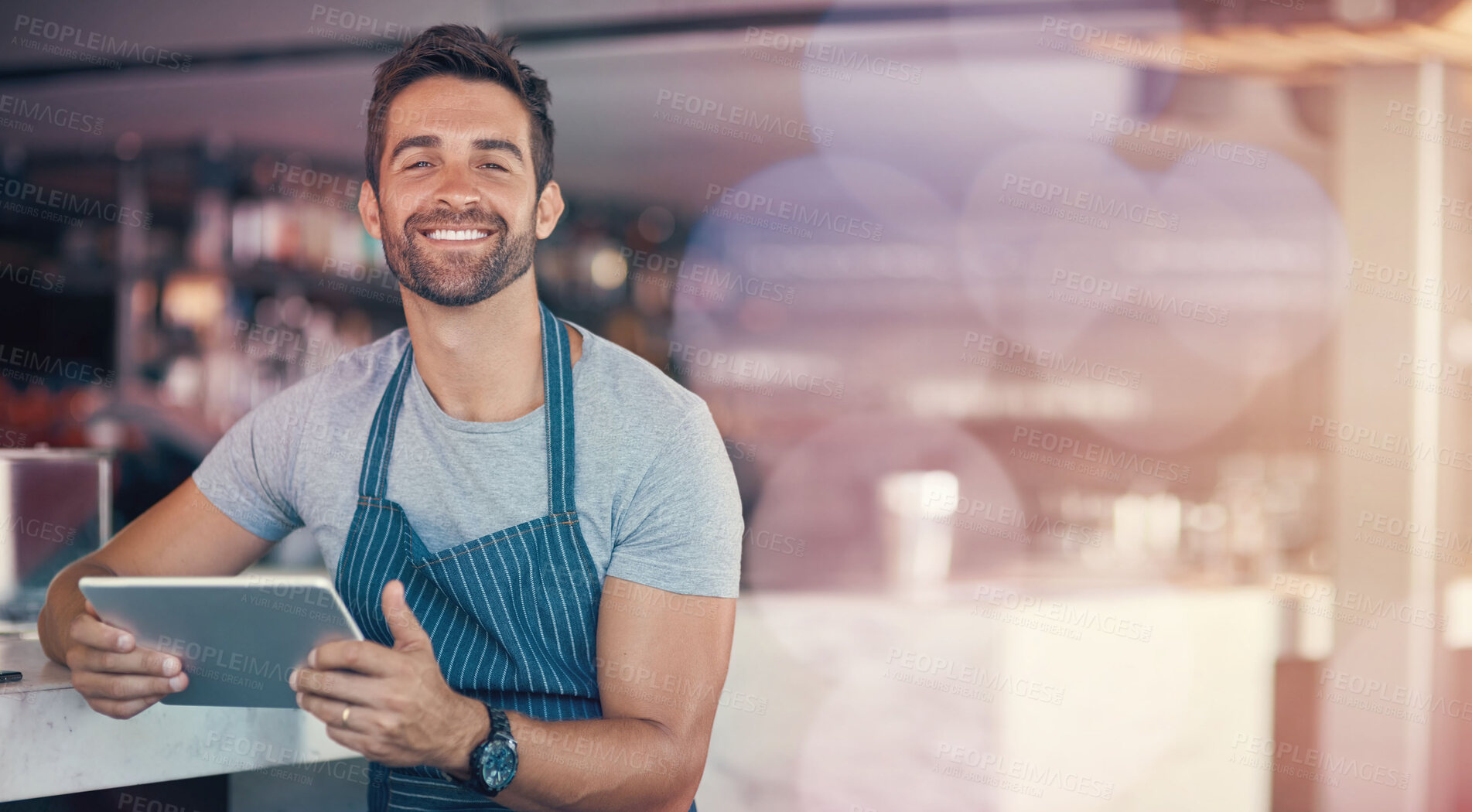 Buy stock photo Cafe barista man, tablet and copy space for portrait, mockup by bokeh for service, analysis or work. Small business owner, restaurant and focus with career vision, hospitality and smile for mock up