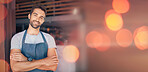 Small business, coffee shop owner and portrait of man with mockup and confident smile in restaurant startup advertising. Success, happy manager or cafe barista with bokeh, apron and service mindset.