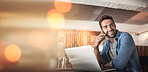 Phone call, laptop and man in coffee shop for remote work, client contact and online connection. Communication, business mockup and freelance male talking, networking and conversation on smartphone