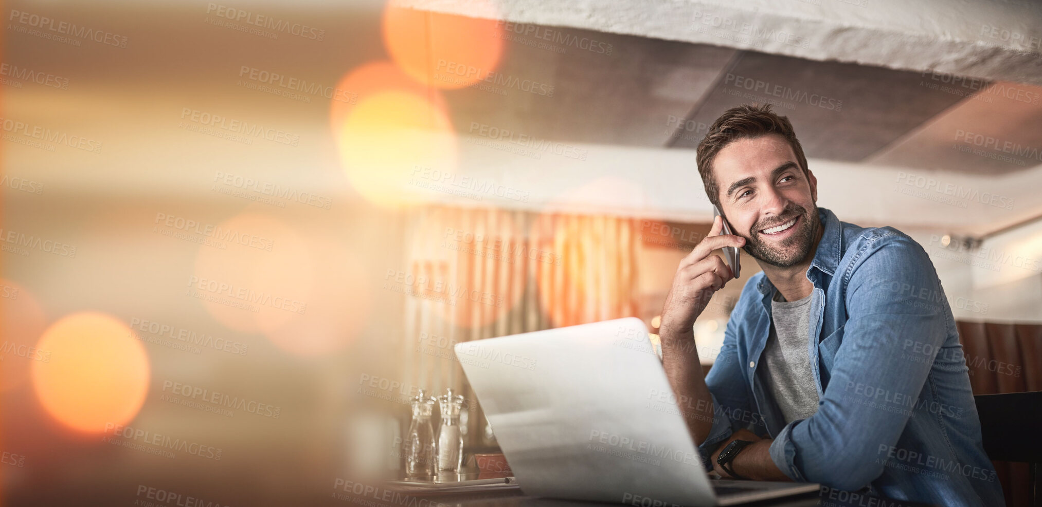 Buy stock photo Phone call, laptop and man in coffee shop for remote work, client contact and online connection. Communication, business mockup and freelance male talking, networking and conversation on smartphone