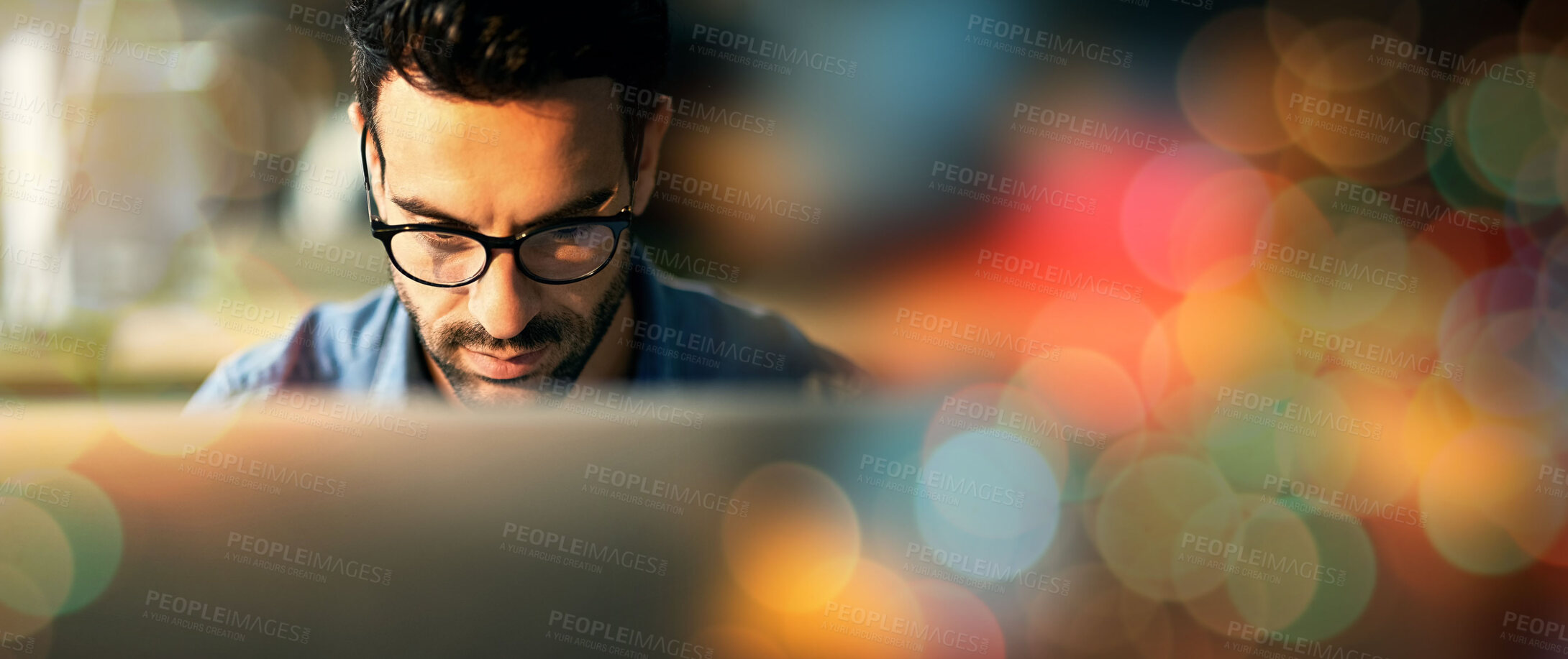 Buy stock photo Computer, working and man with digital overlay or bokeh for information technology, software development and coding. Geek, person or worker on desktop pc for code, developer strategy and programming