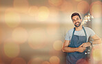 Small business, cafe mockup and portrait of man with bokeh and confident smile in restaurant startup advertising. Success, happy manager or coffee shop barista with success, apron and service mindset