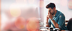 Headache, computer and sad businessman on banner, bokeh and mockup office. Tired worker, burnout and pain on desktop for anxiety, fatigue and 404 problem of tax stress, mental health or mock up space