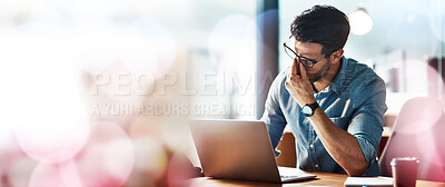 Buy stock photo Businessman, laptop and headache with copy space in office with bokeh, overlay or mock up. Man, tired and burnout with stress, anxiety or mental health by computer with problem, glitch and frustrated