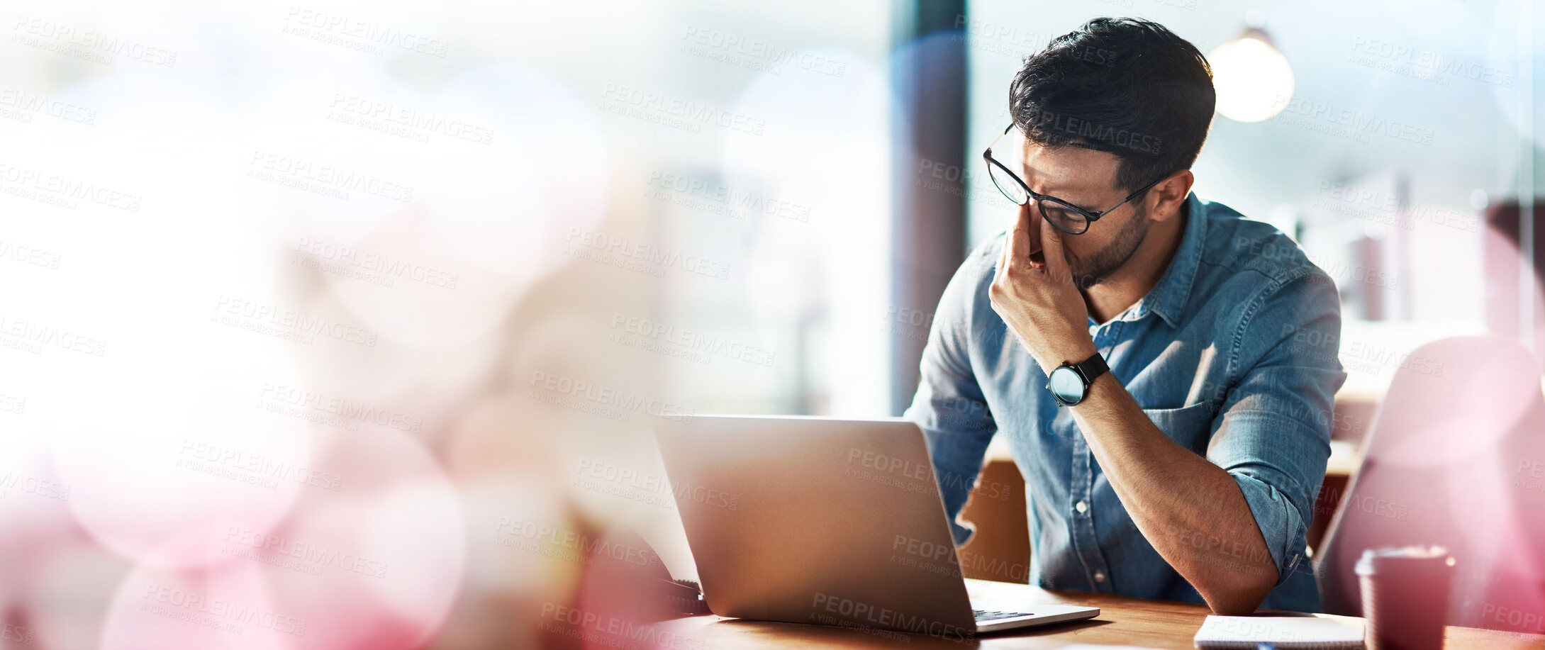 Buy stock photo Businessman, laptop and headache with copy space in office with bokeh, overlay or mock up. Man, tired and burnout with stress, anxiety or mental health by computer with problem, glitch and frustrated