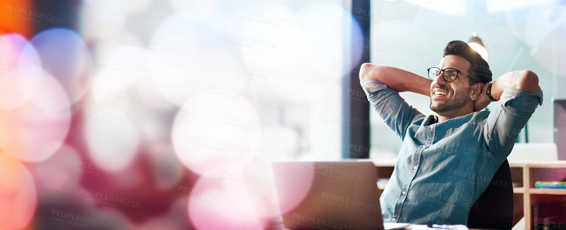 Buy stock photo Laptop, remote work and man relax in cafe after working on report, writing email and copywriting. Freelance mockup, business and happy male resting with relief finish, complete and done with project