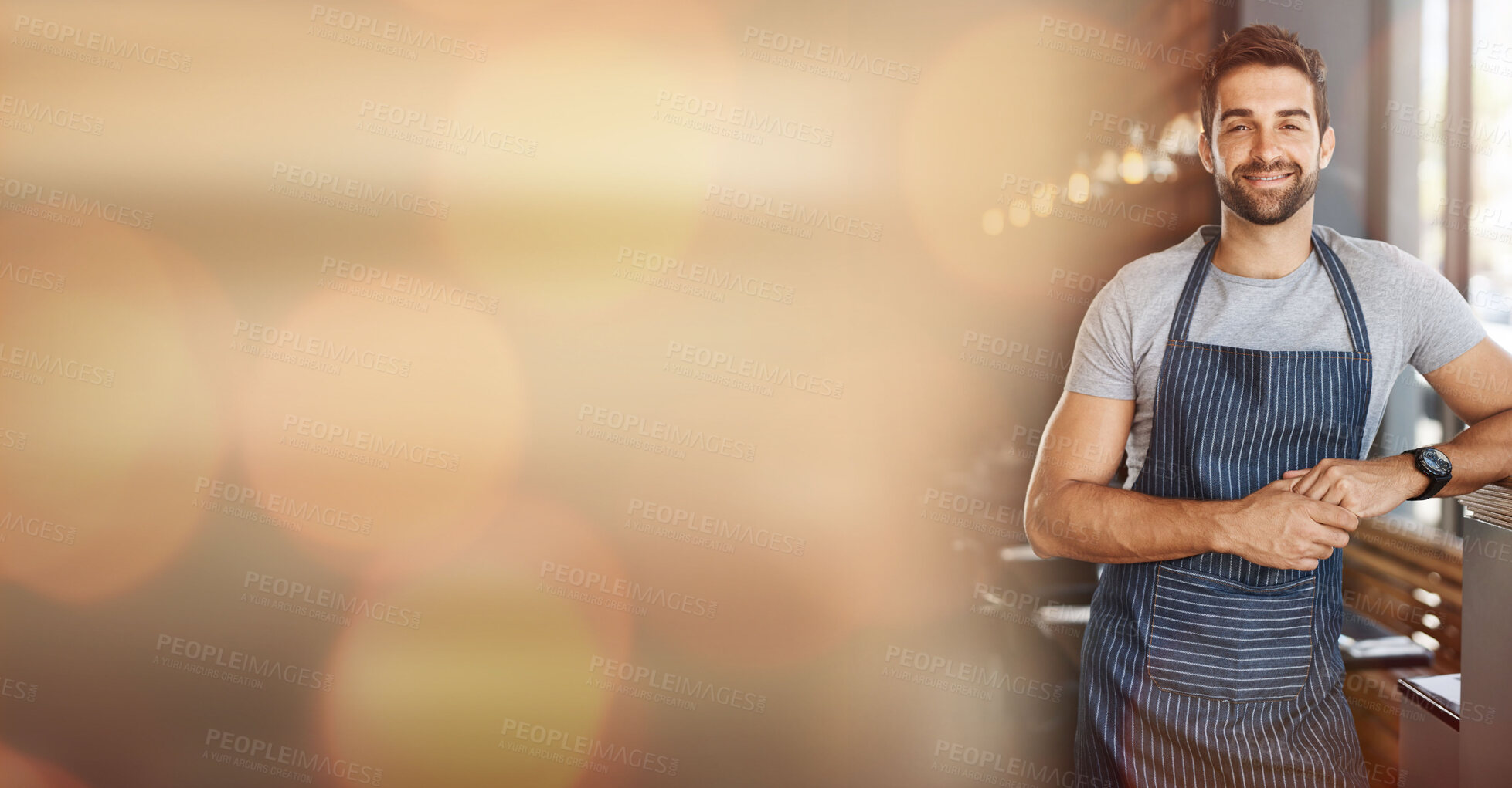 Buy stock photo Small business, cafe owner and portrait of man with mockup and confident smile in restaurant startup advertising. Success, happy manager or coffee shop barista with bokeh, apron and service mindset.