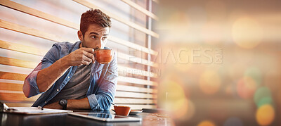 Buy stock photo Creative businessman, drinking coffee and mockup thinking for idea or vision at cafe on overlay and bokeh. Male freelancer wondering with cup of drink in thought for project plan, strategy or startup