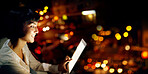 Mockup, night and tablet screen with woman on rooftop for research, social media and networking app. Technology, internet and website with employee in office for email, communication and data in city